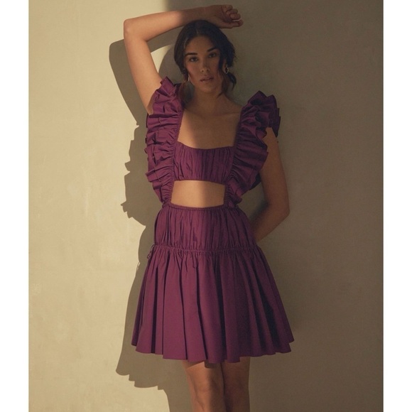 NWT Vasiliki Mini Dress Size Small Cocktail Dahlia Ruched Purple Cutout Ruffle - Picture 1 of 13